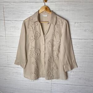 Charter Club Blouse Womens Size Large Beige Raised Floral Design 100% Linen